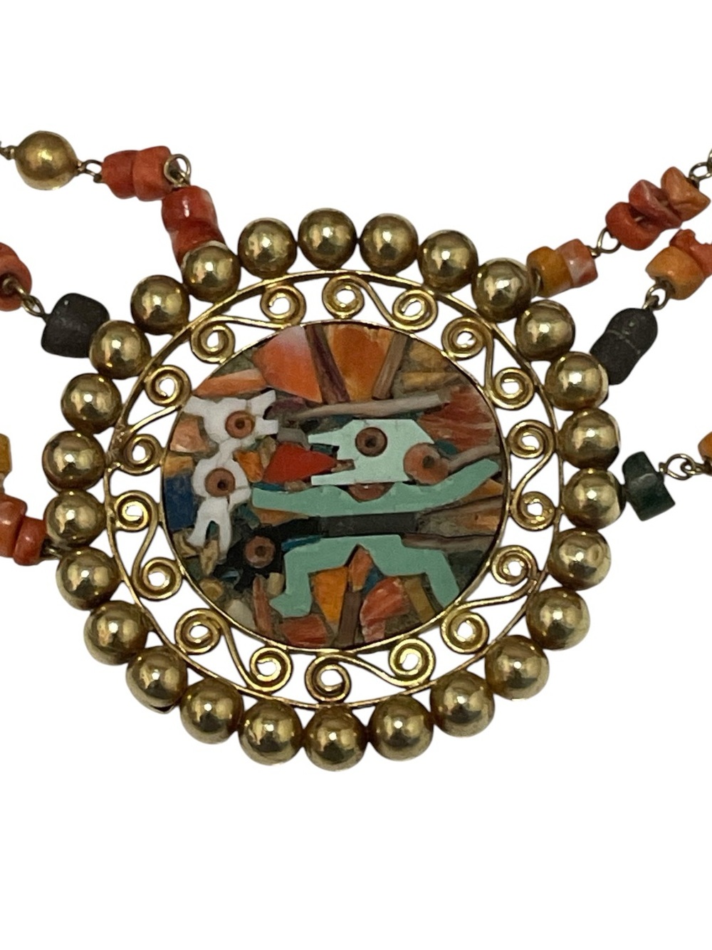 Vintage Artisan Mosaic Pendant Necklace Gold Tone Brass Boho Statement